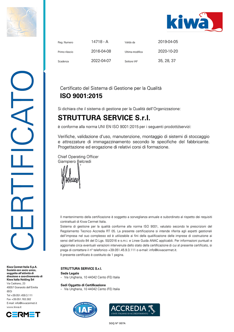 Certificato di qualità ISO 9001 Struttura Service Certificato di qualità ISO 9001 Struttura Service